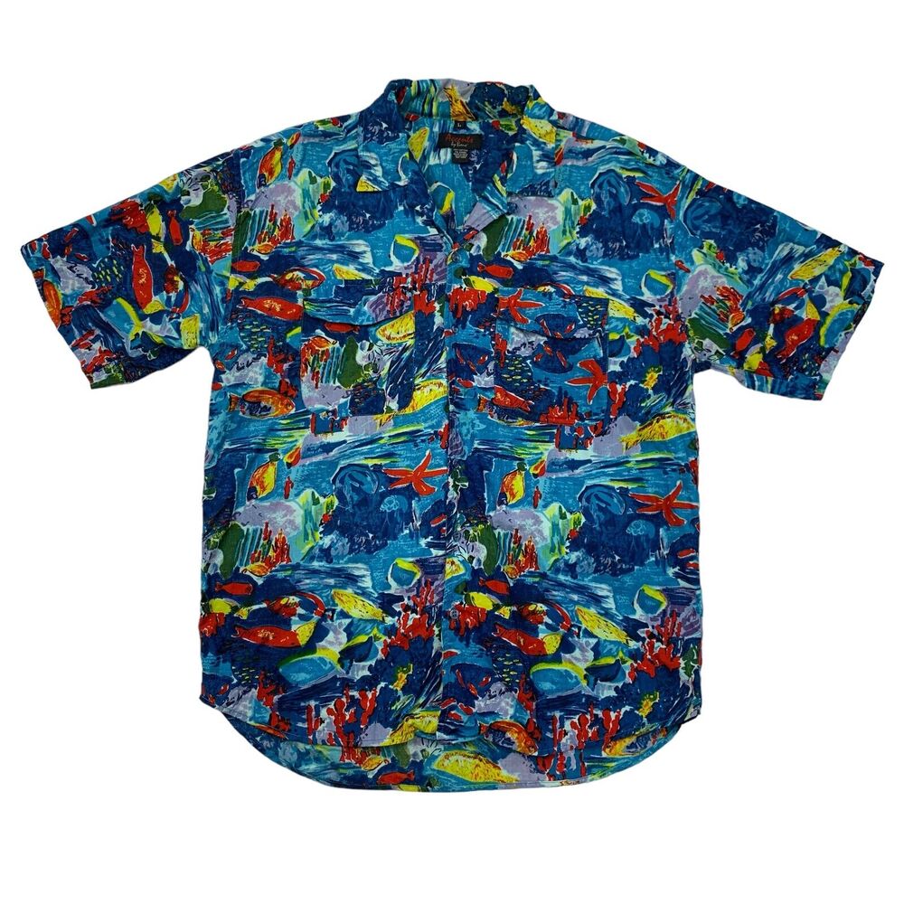 Vintage Accents By Berne Shirt Mens L Large Blue Abstract Watercolor Button Up
